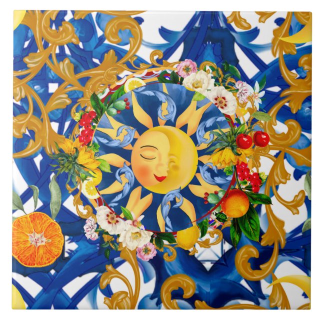 Sicilian sun,half moon,summer,majolica,lemon, ceramic tile (Front)