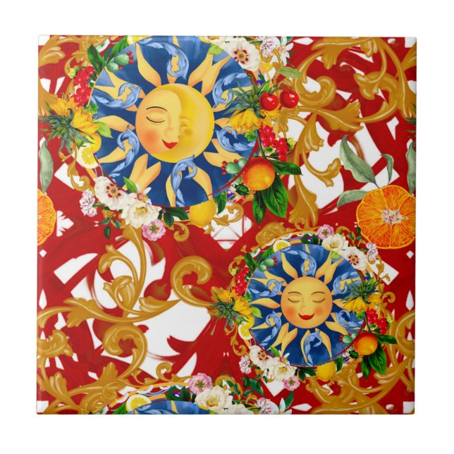 Sicilian sun,half moon,summer,majolica,lemon, ceramic tile (Front)