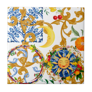 Sicilian sun,half moon,summer,majolica,lemon, ceramic tile