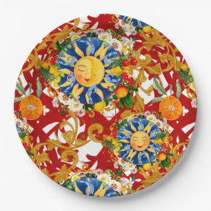 Sicilian sun,half moon,summer,majolica,lemon, paper plate