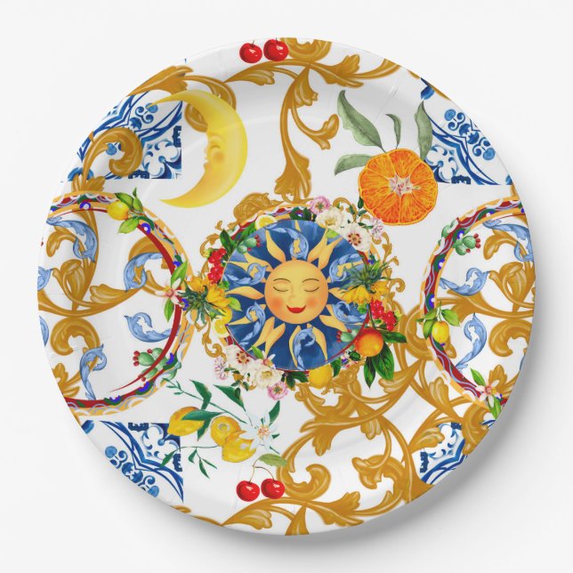Sicilian sun,half moon,summer,majolica,lemon, paper plate (Front)