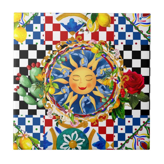 Sicilian sun,lemon,mediterranean tiles, ceramic tile (Front)