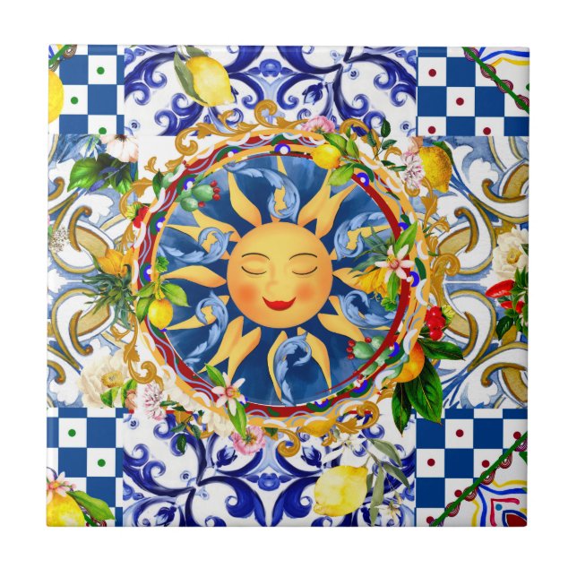 Sicilian sun,lemon,mediterranean tiles, ceramic tile (Front)