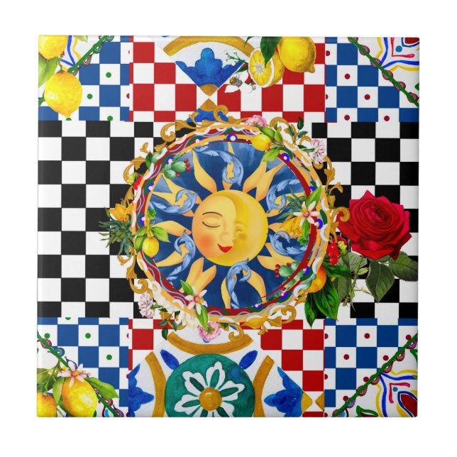 Sicilian sun,lemon,mediterranean tiles, ceramic tile (Front)