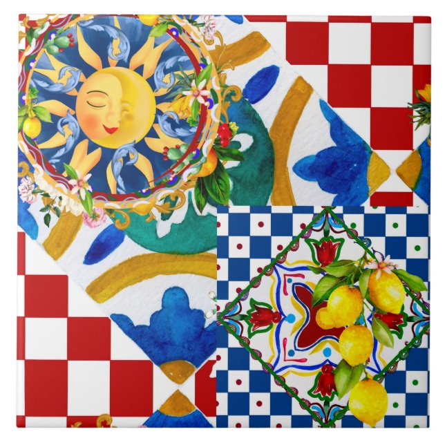 Sicilian sun,lemon,mediterranean tiles, ceramic tile (Front)