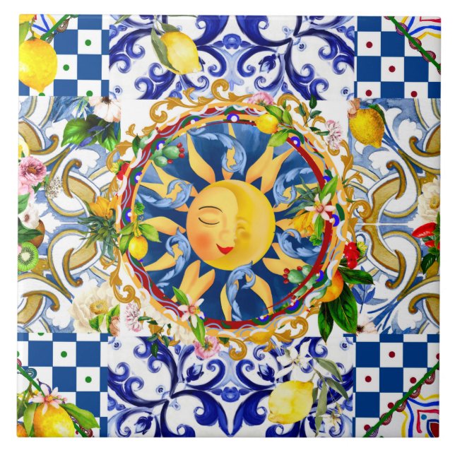Sicilian sun,lemon,mediterranean tiles, ceramic tile (Front)