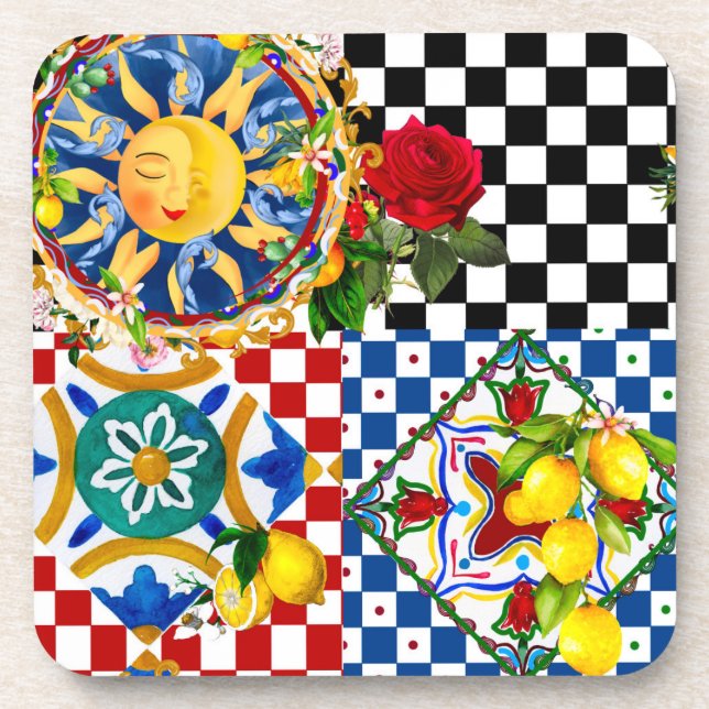 Sicilian sun,lemon,mediterranean tiles, coaster (Front)