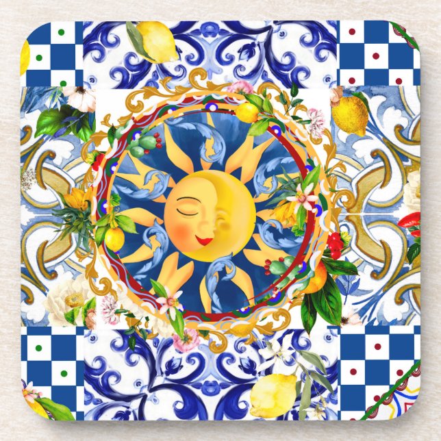 Sicilian sun,lemon,mediterranean tiles, coaster (Front)