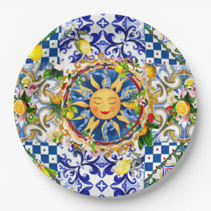 Sicilian sun,lemon,mediterranean tiles, paper plate