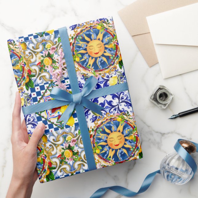 Sicilian sun,lemon,mediterranean tiles, wrapping paper (Gifting)