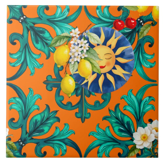 Sicilian sun,summer,lemon,mosaic,blue, ceramic tile (Front)