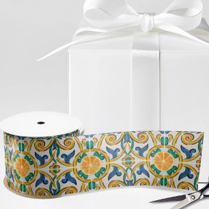 Sicilian Tile and Oranges on White Satin Ribbon