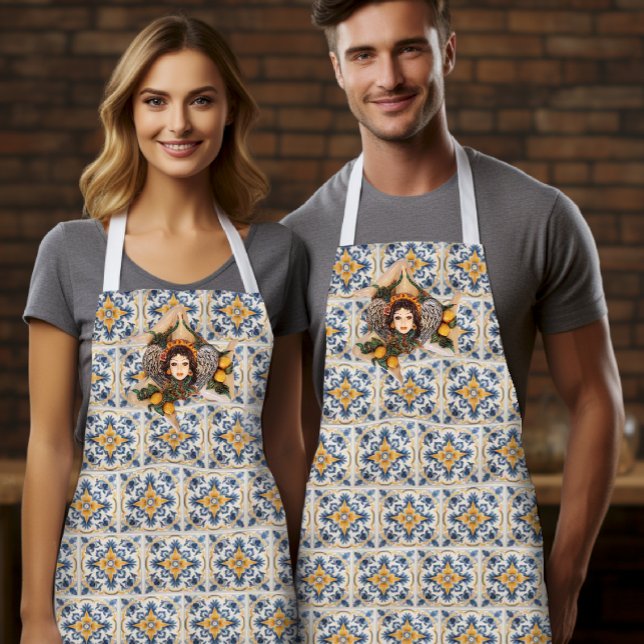 Sicilian Tile Apron – Trinacria Medusa Design (Sicilian tile apron with Trinacria Medusa symbol in blue and yellow ceramic pottery style pattern)