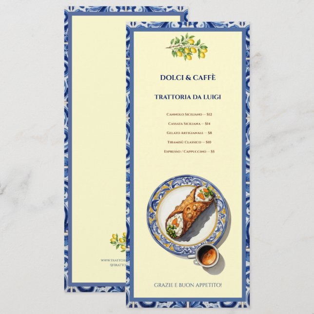 Sicilian Tile Cannoli Dessert Coffee Rack Menu (Front/Back)