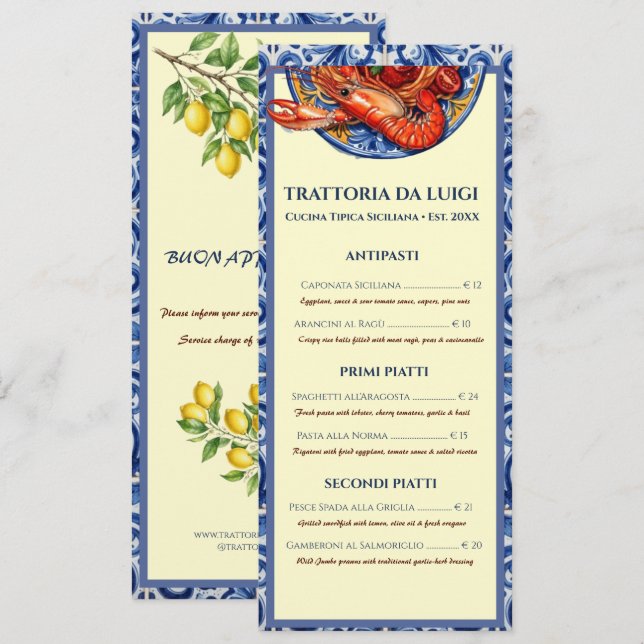 Sicilian Tile Italian Restaurant Menu Rack Card (Front/Back)