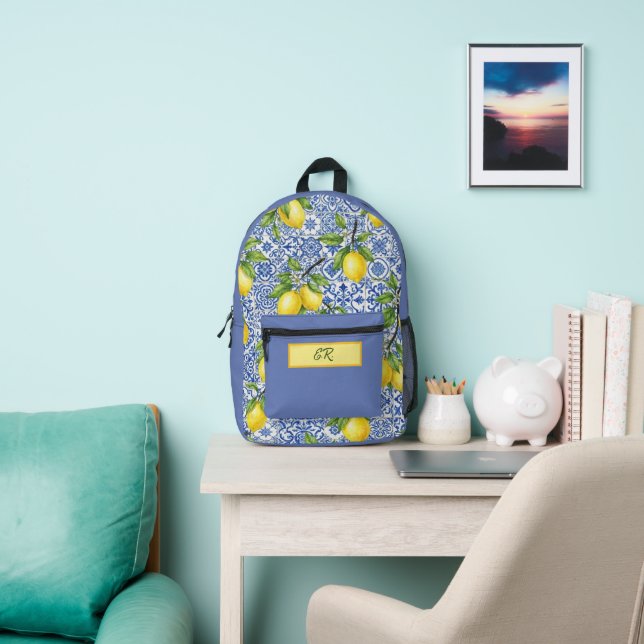 Sicilian Tile & Lemon Personalised Back to School Printed Backpack (Insitu)