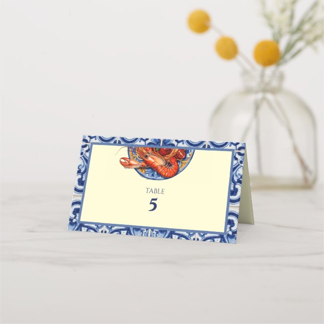 Sicilian Tile Seafood Wedding Table Number Folded  Place Card (Front)