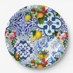 Sicilian tiles,majolica ,lemons,citrus paper plate