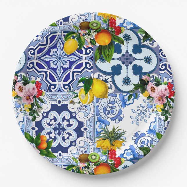 Sicilian tiles,majolica ,lemons,citrus paper plate (Front)