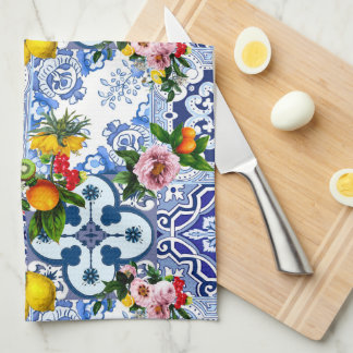 Sicilian tiles,majolica ,lemons,citrus  tea towel