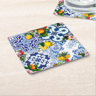 Sicilian tiles,majolica ,lemons,citrus  tile square paper coaster