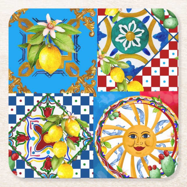 Sicilian tiles,majolica,lemons  square paper coaster (Front)