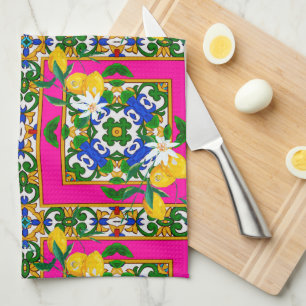 Sicilian tiles,mosaic,baroque, tea towel