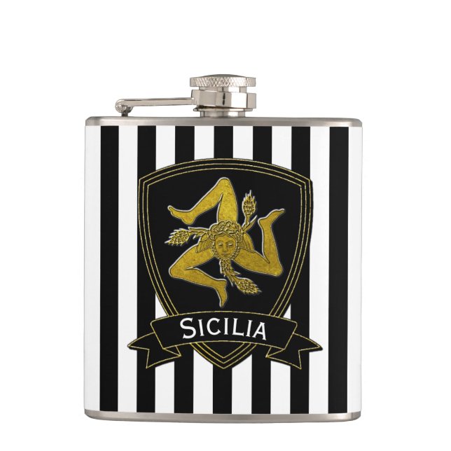 Sicilian Trinacria Black & Gold Hip Flask (Front)