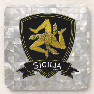 Sicilian Trinacria Black Gold Mother of Pearl Coaster