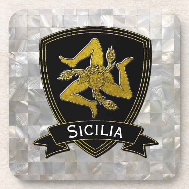 Sicilian Trinacria Black Gold Mother of Pearl Coaster (Front)