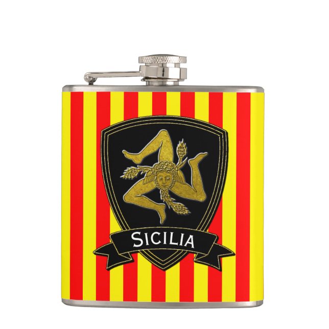 Sicilian Trinacria Black & Gold Red Yellow Hip Flask (Front)