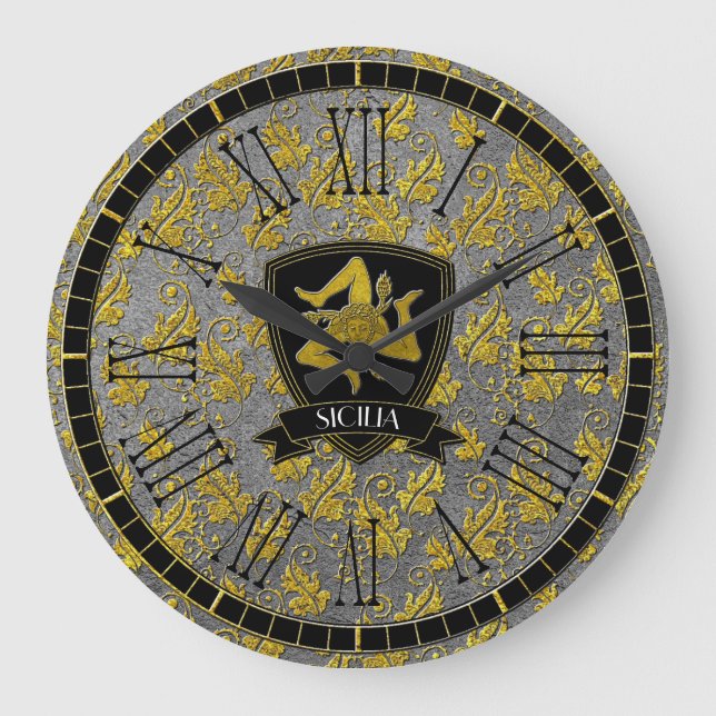 Sicilian Trinacria Elegant Gold Silver Large Clock (Front)