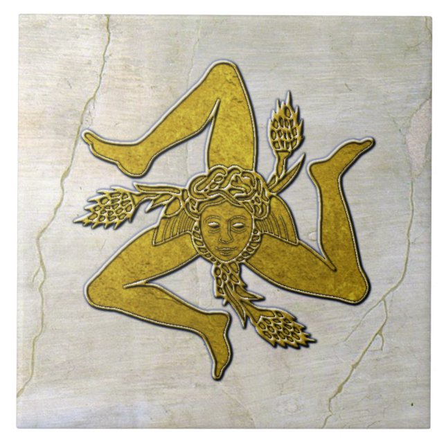 Sicilian Trinacria Gold on Fresco Pattern Ceramic Tile (Front)