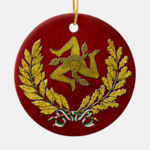 Sicilian Trinacria Heirloom in Gold on Red Ceramic Ornament