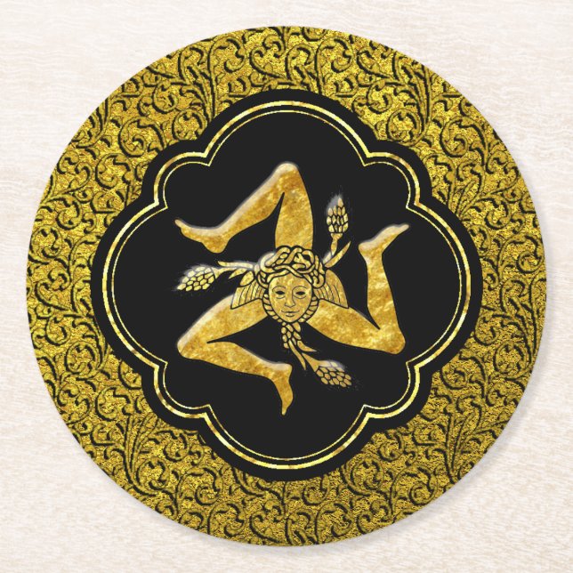 Sicilian Trinacria in Black and Gold Round Paper Coaster (Front)