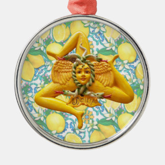 Sicilian Trinacria Italian Pride Lemons on Blue  Metal Ornament