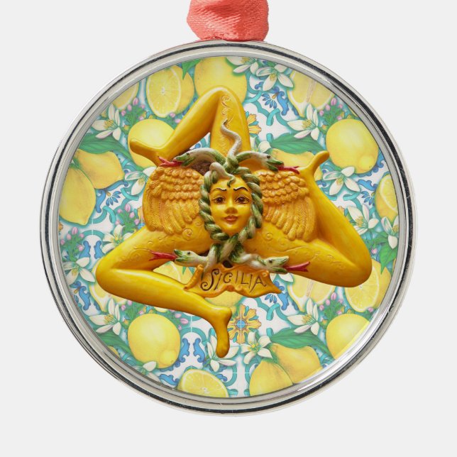 Sicilian Trinacria Italian Pride Lemons on Blue  Metal Ornament (Front)