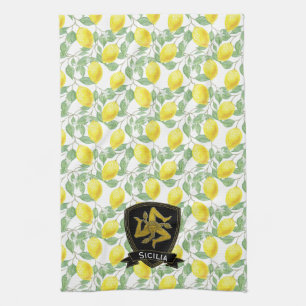 Sicilian Trinacria Lemon Pattern Personalise Tea Towel