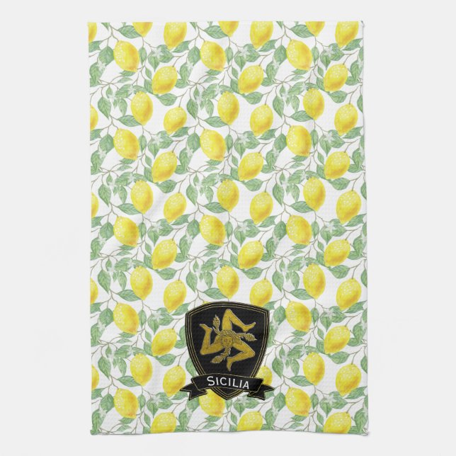 Sicilian Trinacria Lemon Pattern Personalise Tea Towel (Vertical)