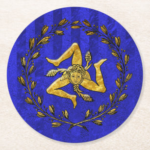 Sicilian Trinacria Olive Wreath Blue Stripe Round Paper Coaster