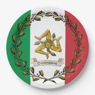 Sicilian Trinacria Olive Wreath Flag Personalise Paper Plate