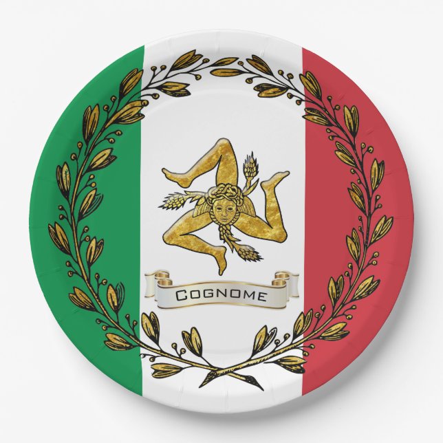 Sicilian Trinacria Olive Wreath Flag Personalise Paper Plate (Front)