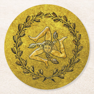 Sicilian Trinacria Olive Wreath Gold Round Paper Coaster
