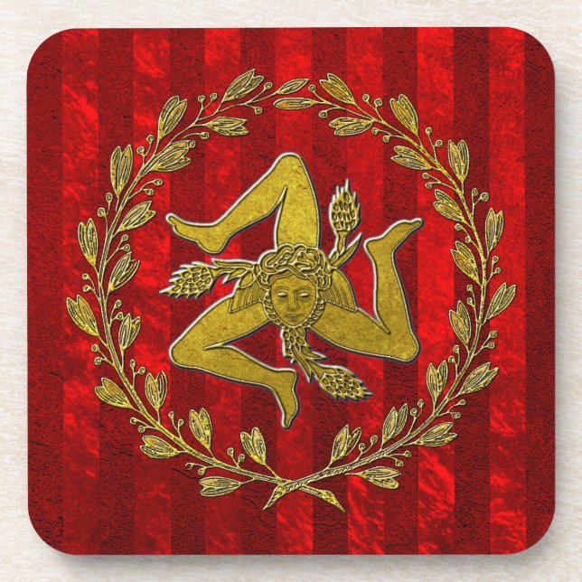 Sicilian Trinacria Olive Wreath Red Stripe Coaster (Front)
