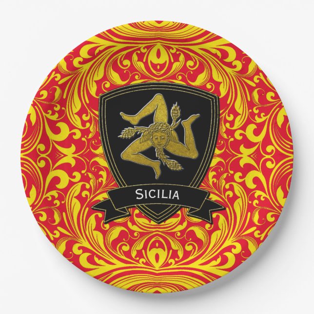 Sicilian Trinacria on Baroque Pattern Paper Plate (Front)
