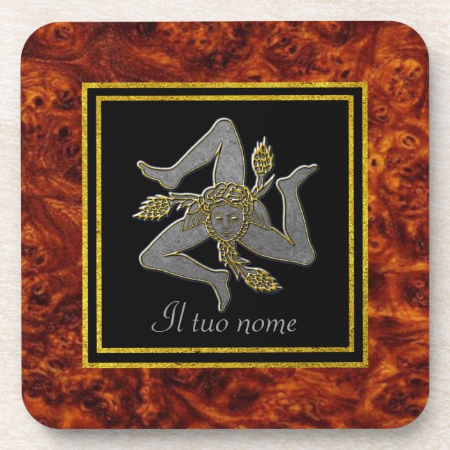 Sicilian Trinacria Silver & Gold Your Name Coaster (Front)