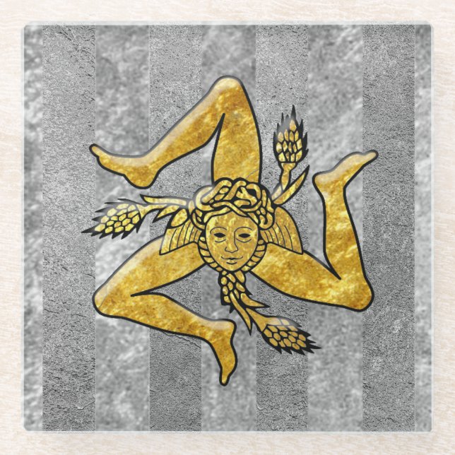 Sicilian Trinacria Silver Stripe Glass Coaster (Front)