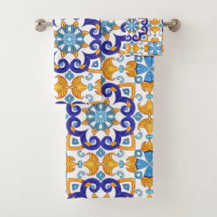 Sicilian Vibrant Majolica Scrollwork Mediterranean Bath Towel Set