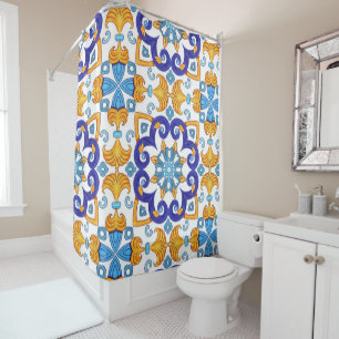 Sicilian Vibrant Majolica Scrollwork Mediterranean Shower Curtain