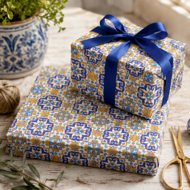 Sicilian Vibrant Majolica Scrollwork Mediterranean Wrapping Paper (Creator Uploaded)